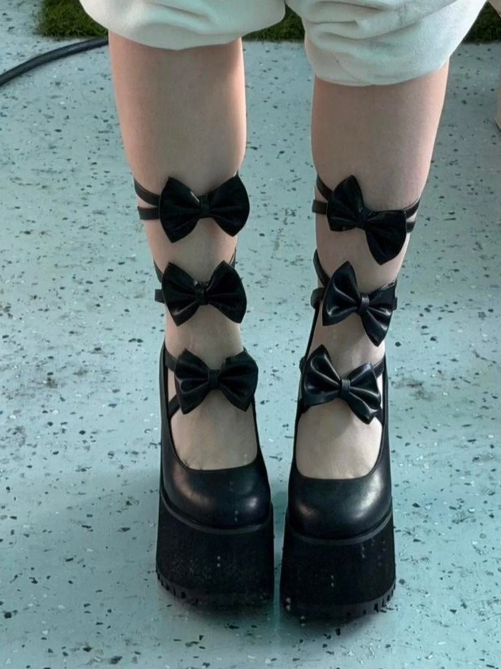 Dolls Kill Widow Black Bow-Strap Platform Heels - Women Shoes
